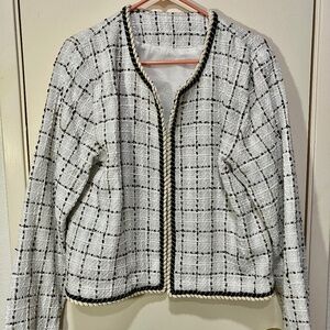 NEW BLACK&WHITE CHECKERED TWEED LINED OPEN BLAZER WITH BRAID TRIM XL
